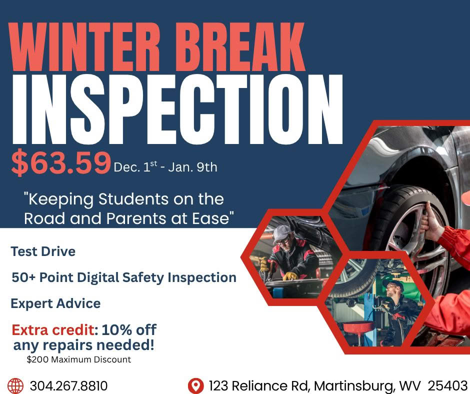 Winter Break Inspection promotional graphic featuring pricing of $63.59, service dates from Dec. 1st to Jan. 9th, and benefits like a 50+ point digital safety inspection, test drive, and 10% off repairs, emphasizing vehicle safety for students and peace of mind for parents.